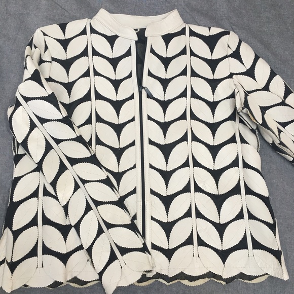 Unique Cream Leather and Black Mesh Jacket - Picture 1 of 8